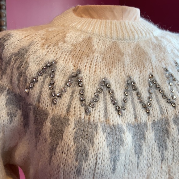 Naf Naf Rhinestone Mohair Blend Cream & Gray Knit Sweater Small - Picture 2 of 6